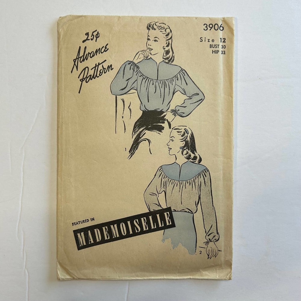 Vintage 1940's Advance Pattern #3906‎ Blouse Size 12